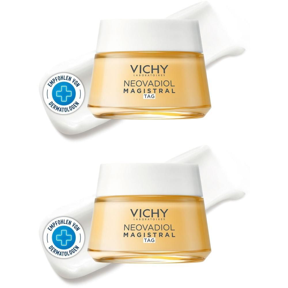 Zwei Vichy Neovadiol Magistral Tag Cremetiegel mit Dermatologen-Siegel.