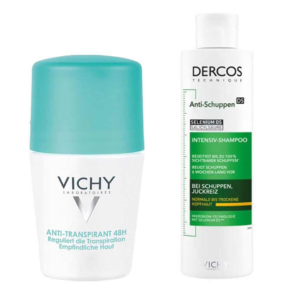 Vichy Dercos Anti-Schuppen Shampoo trockene Kopfhaut + Deo Anti-Transpirant 48h Roll 1 St