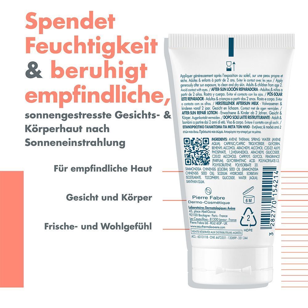 Rückseite einer Tube Avène After Sun Repair-Lotion mit Anwendungshinweisen und Inhaltsstoffen.