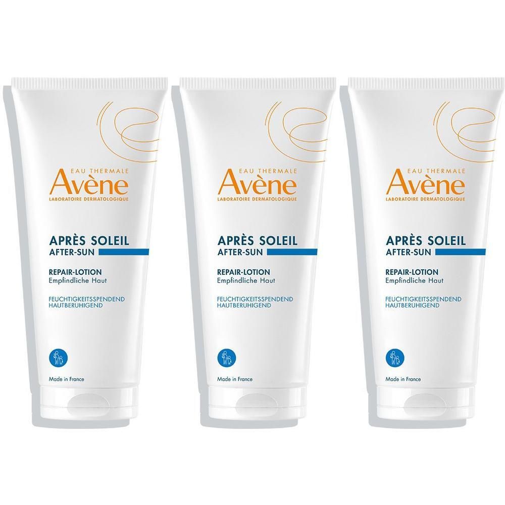 Drei Tuben Avène After Sun Repair Lotion für empfindliche Haut.