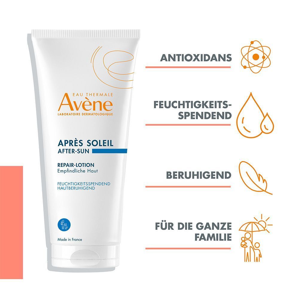 Avène After Sun Repair Lotion mit Icons für antioxidativ, feuchtigkeitsspendend, beruhigend, für die ganze Familie.