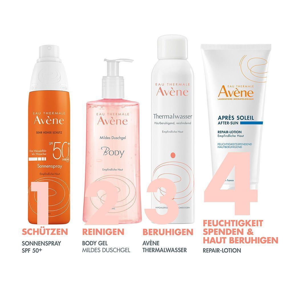 Vier Avène Produkte: Sonnenspray, Body Gel, Thermalwasser, After Sun Repair Lotion.