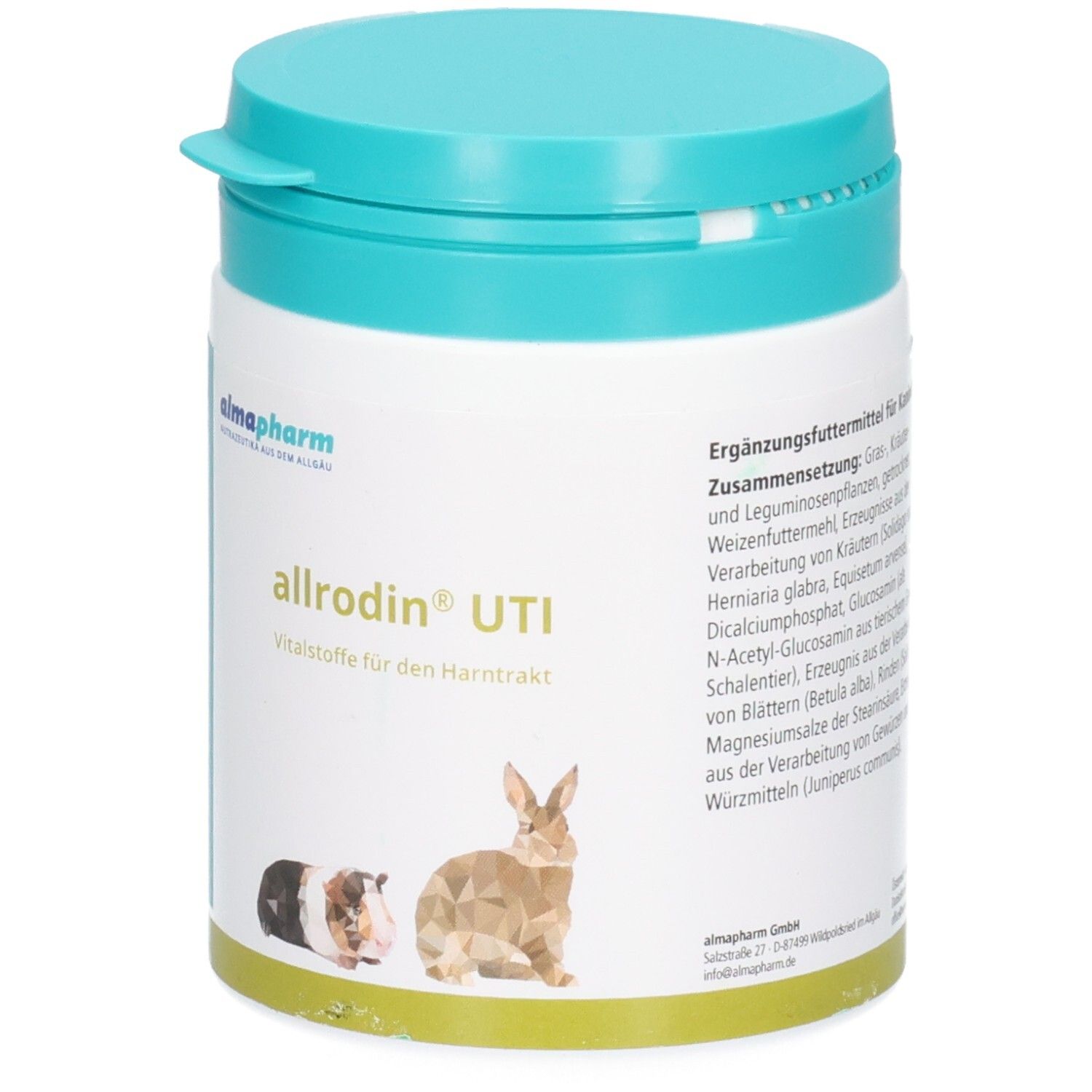 Vorderseite der Almapharm Allrodin UTI Dose mit Produktnamen und Abbildungen von Kleintieren.