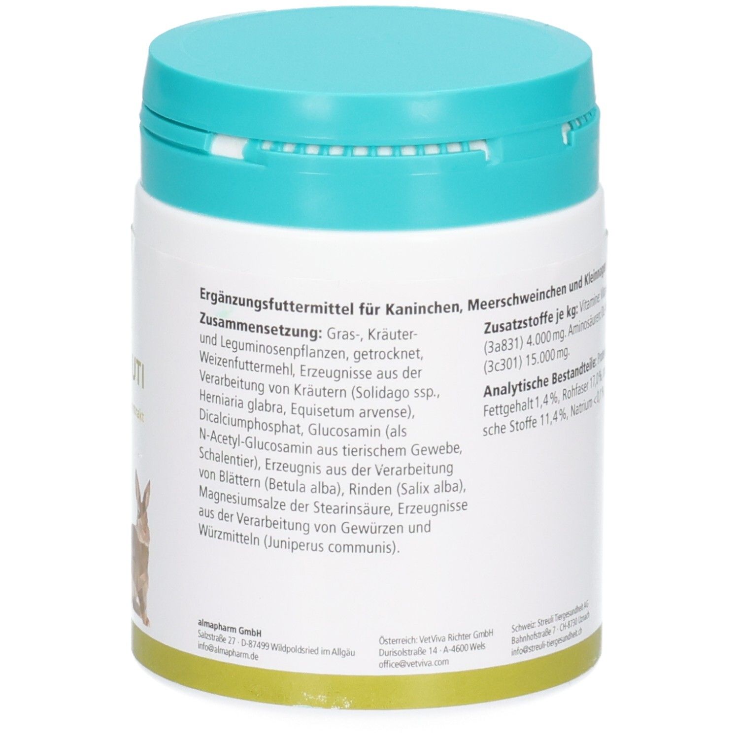 Seitenansicht der Almapharm Allrodin UTI Dose mit detaillierten Zusammensetzungsangaben.