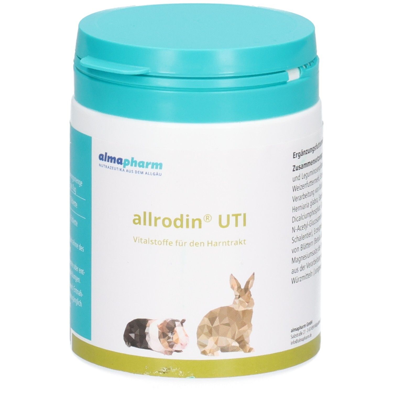 Almapharm Allrodin UTI Ergänzungsfuttermittel für Kleintiere, 100g Dose mit blauem Deckel und Kleintierabbildungen.