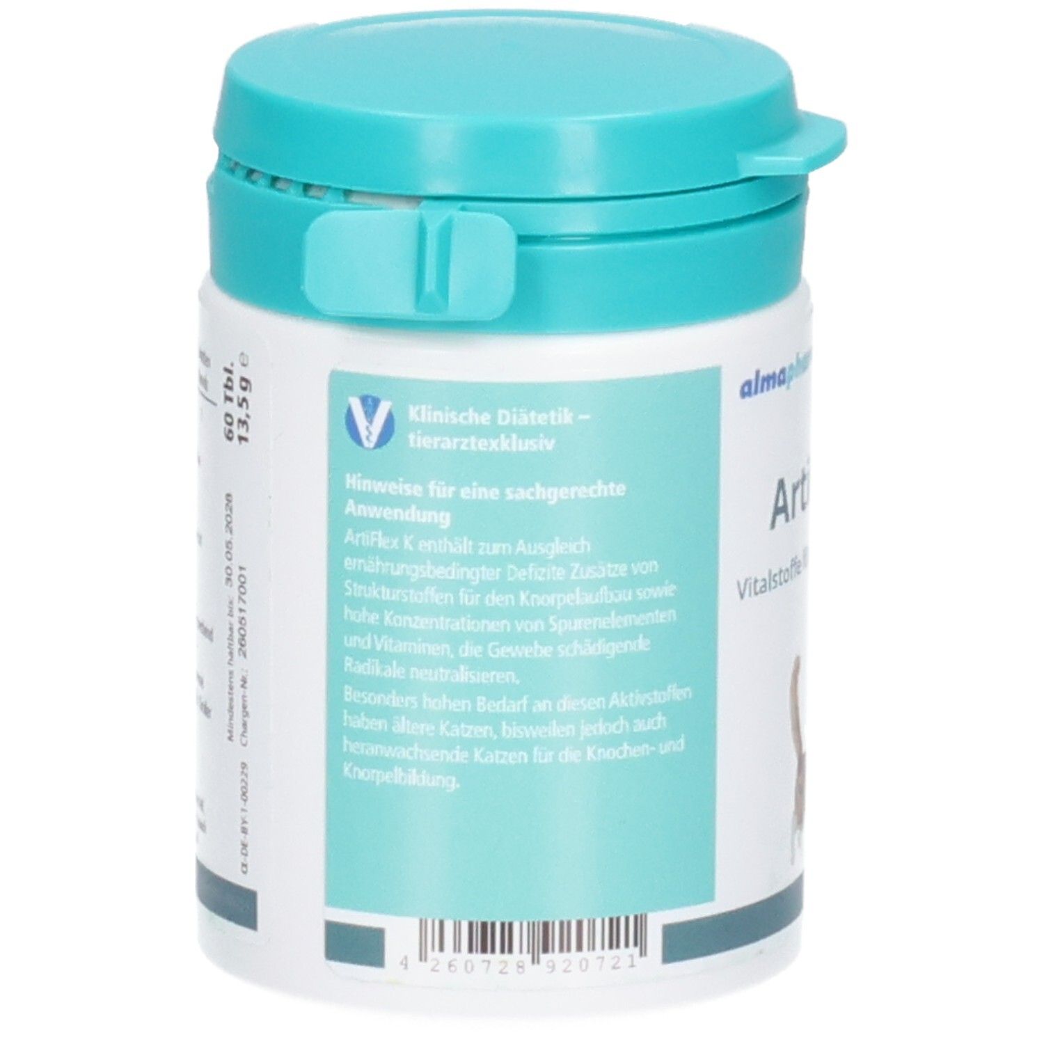 Rückseite der Almapharm ArtiFlex K Dose mit Hinweisen zur sachgerechten Anwendung und Inhaltsstoffen.