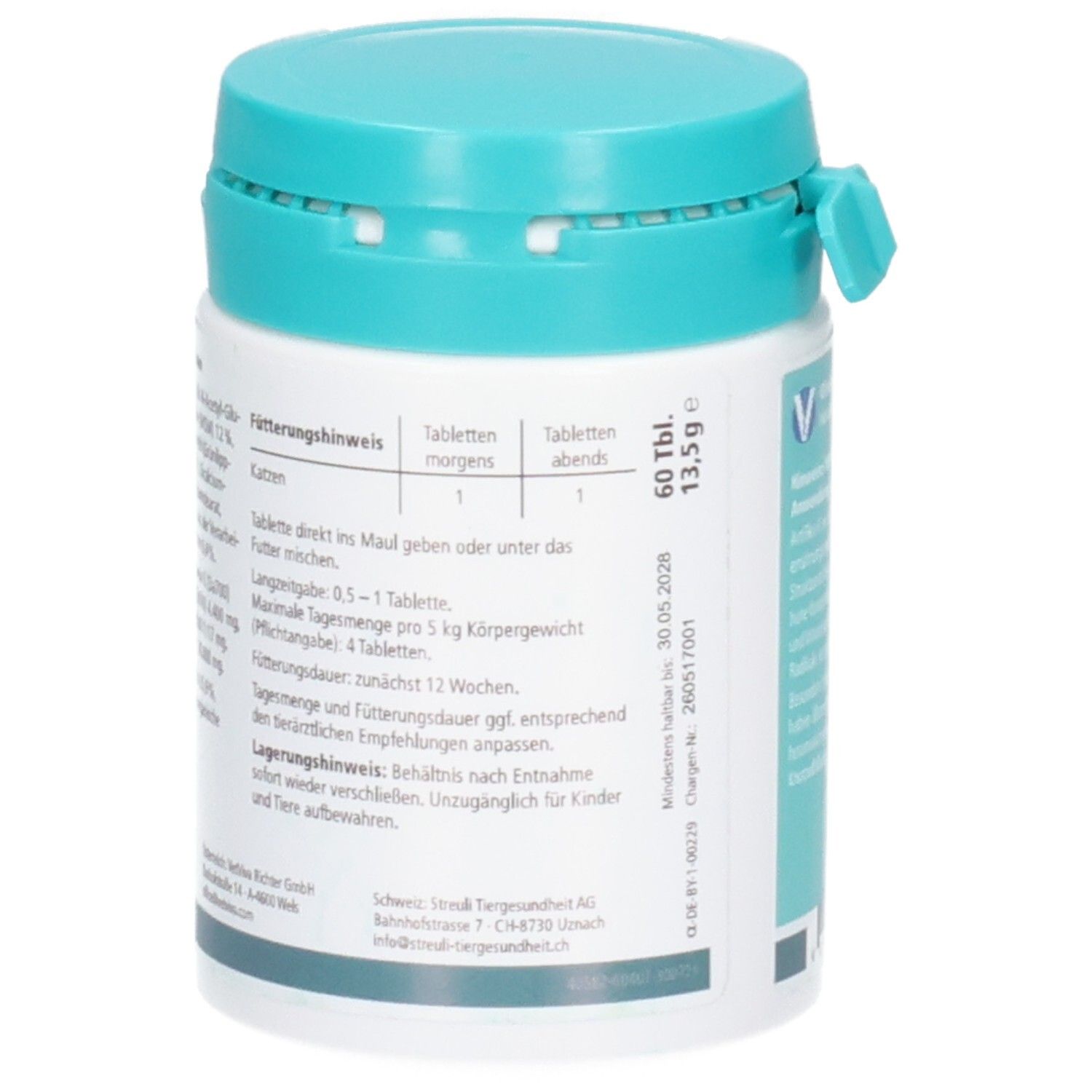Seitenansicht der Almapharm ArtiFlex K Dose mit Fütterungshinweis und Angabe von 60 Tabletten.