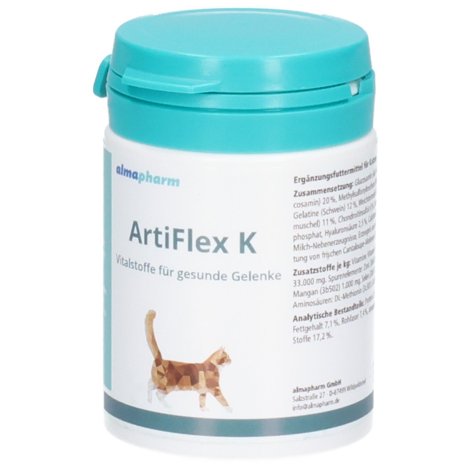 Vorderseite der Almapharm ArtiFlex K Dose mit Produktnamen, Vitalstoffen für gesunde Gelenke und Katzenmotiv.