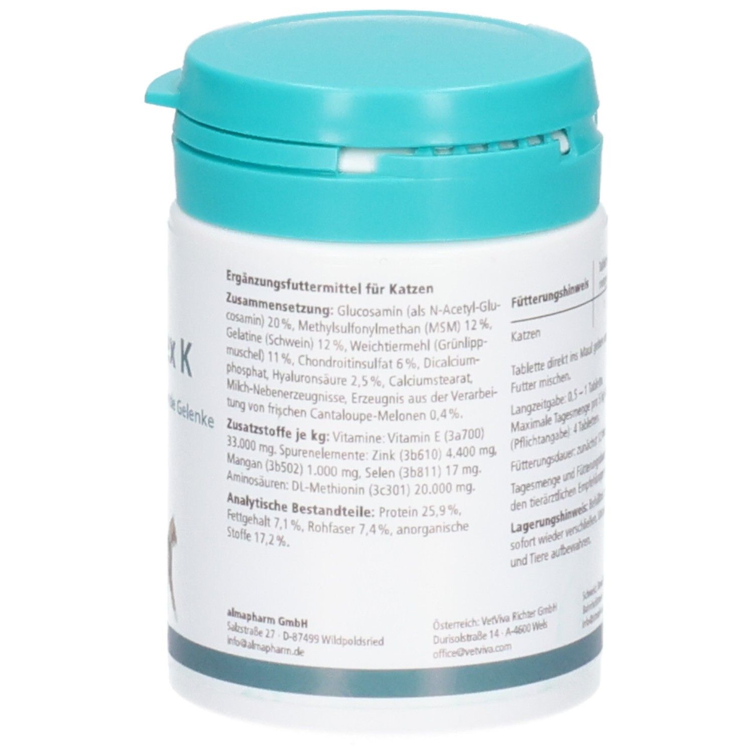 Almapharm ArtiFlex K Dose mit detaillierter Auflistung der Zusammensetzung und analytischen Bestandteilen.