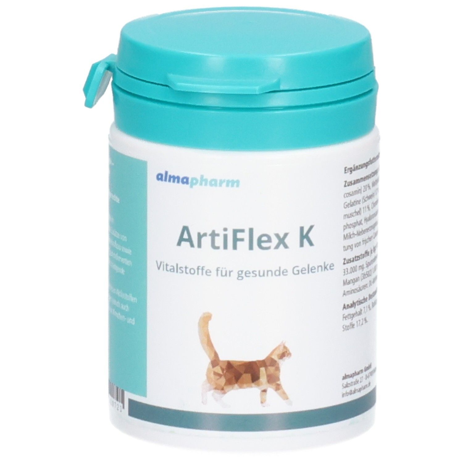 Nahaufnahme der Almapharm ArtiFlex K Dose, zeigt die Beschriftung und das Katzenmotiv.