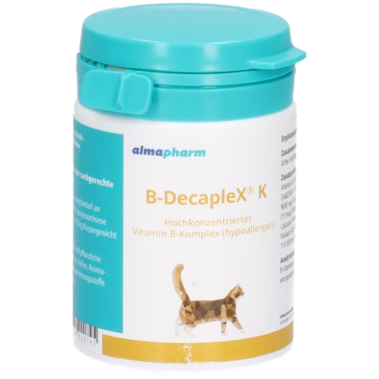 Almapharm B-Decaplex K: Hochkonzentrierter Vitamin B-Komplex für Katzen in einem weißen Behälter mit türkisfarbenem Deckel.