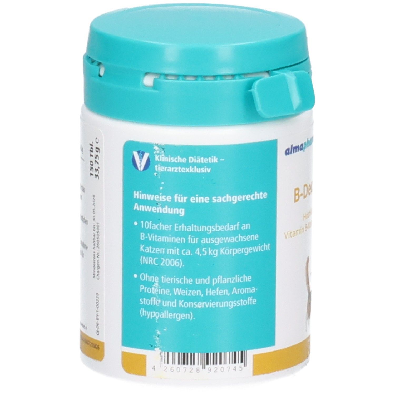 Rückseite des Almapharm B-Decaplex K Behälters mit Anwendungshinweisen und Inhaltsstoffen für Katzen.
