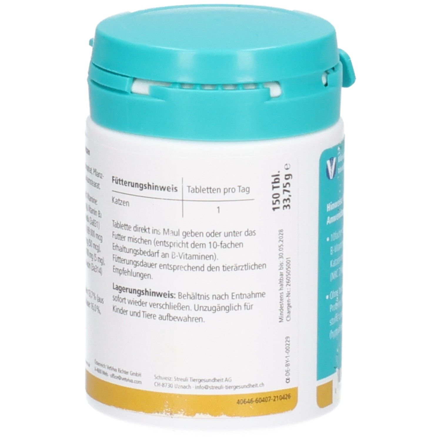 Seitenansicht des Almapharm B-Decaplex K Behälters mit Fütterungshinweisen und Lagerungshinweisen.
