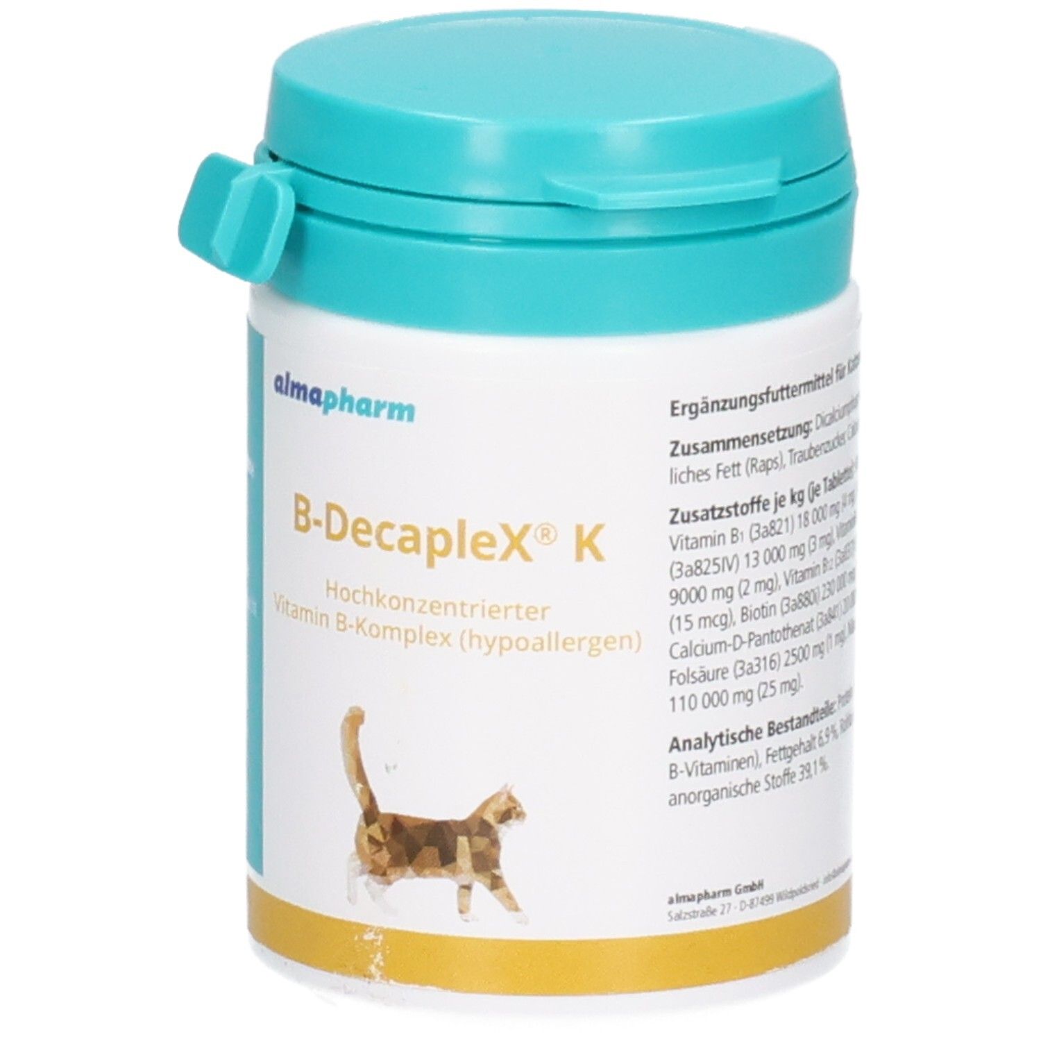 Almapharm B-Decaplex K: Hochkonzentrierter Vitamin B-Komplex für Katzen. Vorderseite des Behälters mit Produktinformationen.