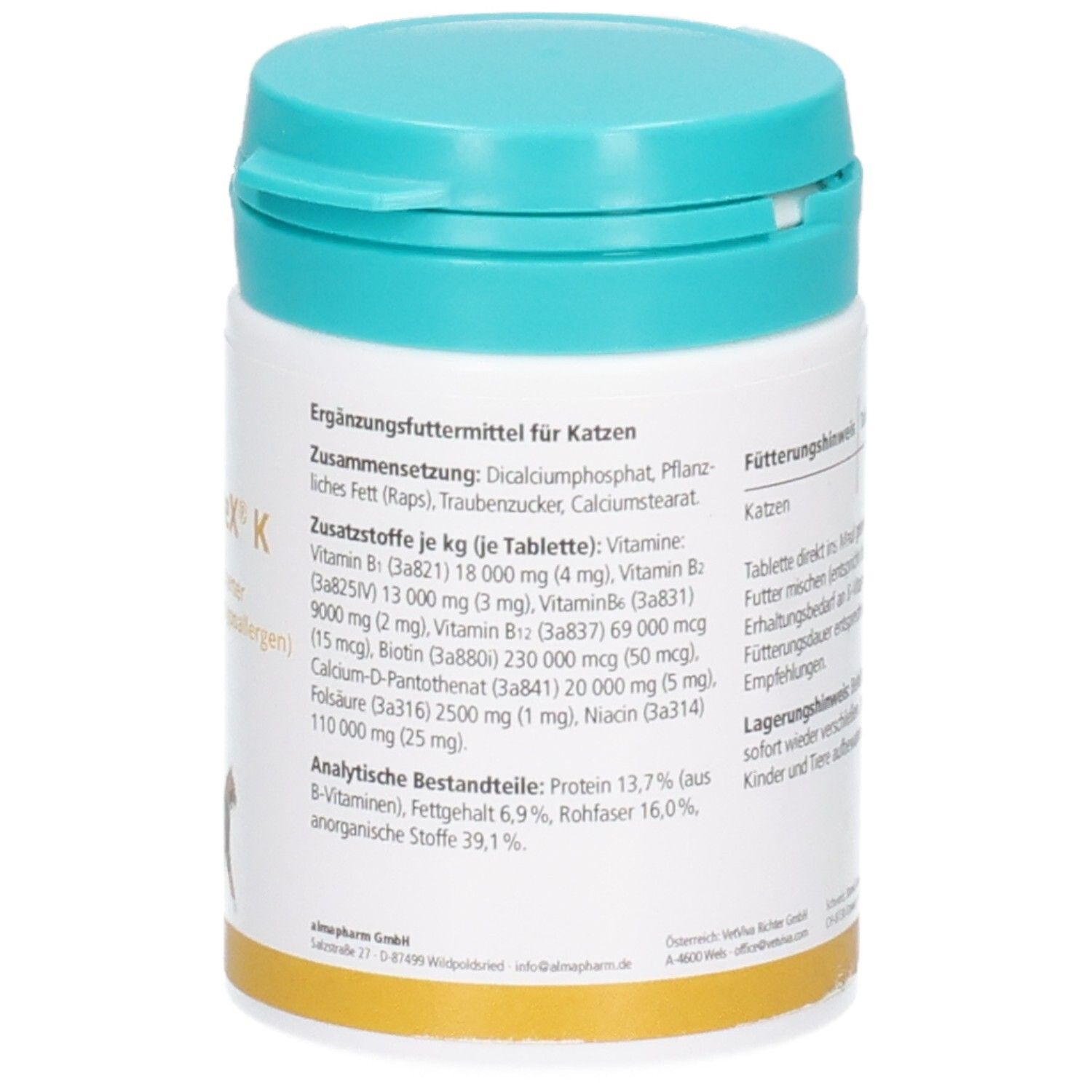 Detailansicht der Inhaltsstoffe und Zusammensetzung des Almapharm B-Decaplex K für Katzen.