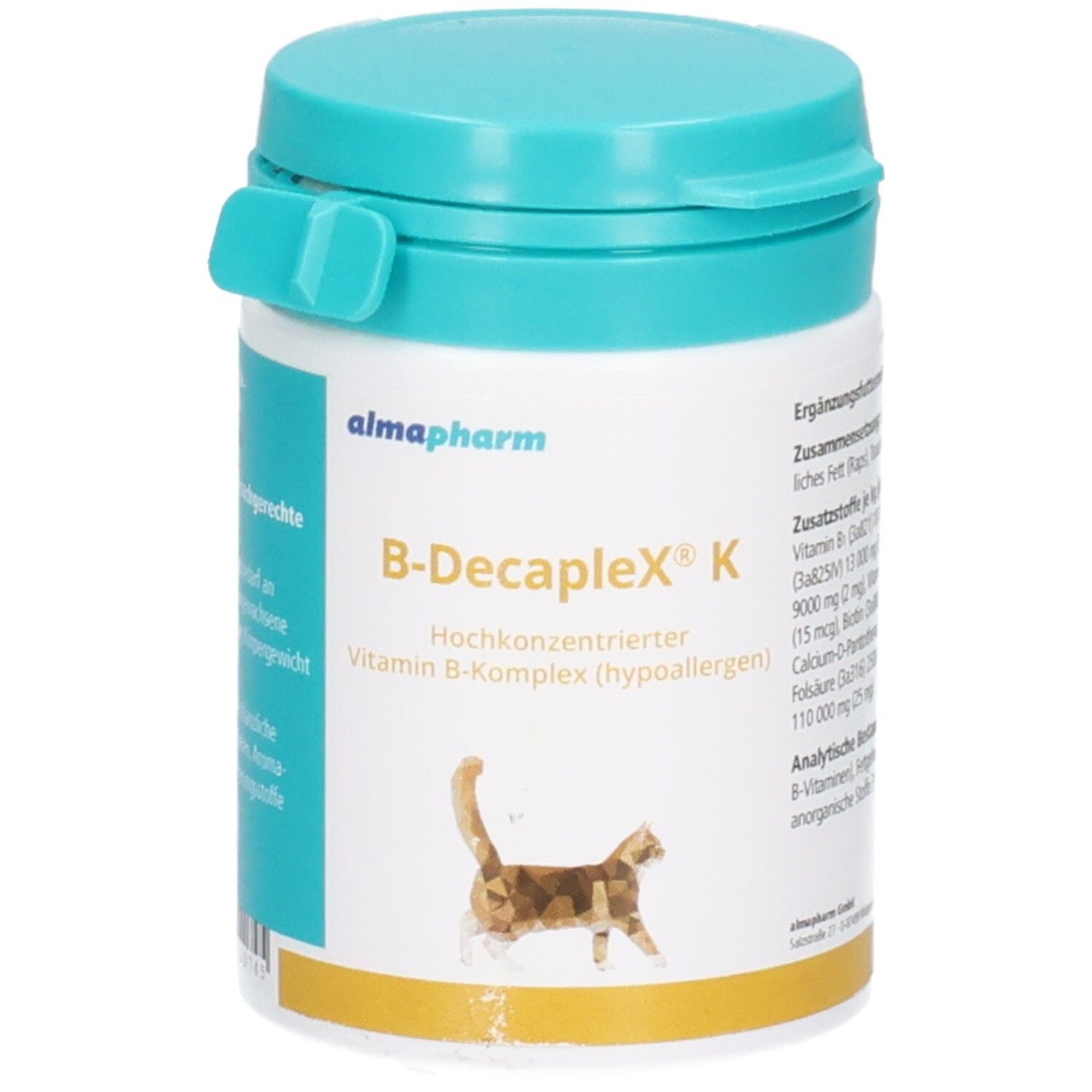 Almapharm B-Decaplex K: Hochkonzentrierter Vitamin B-Komplex für Katzen. Behälter mit türkisfarbenem Deckel und Produktetikett.