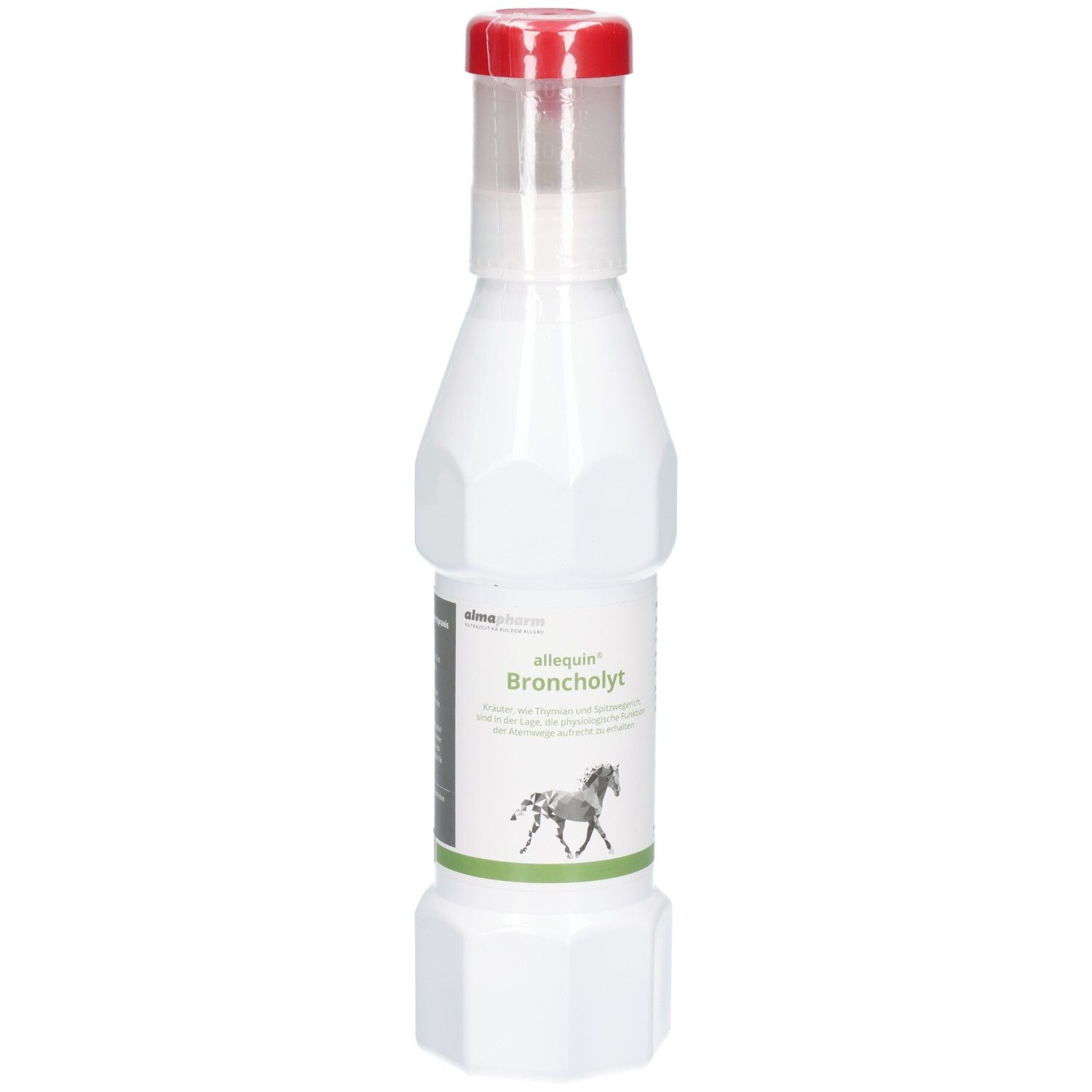 Weiße Kunststoffflasche mit rotem Verschluss, Etikett mit Pferdegrafik und Text "Broncholytt".