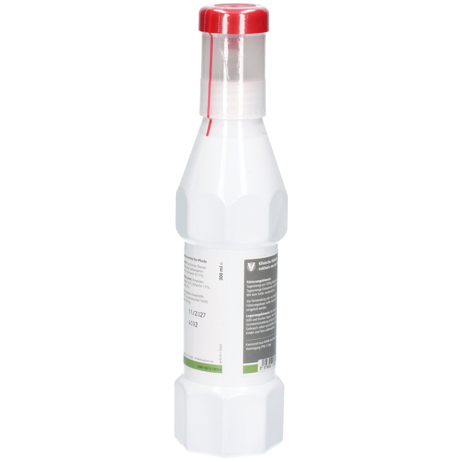 Weiße Kunststoffflasche mit rotem Schraubverschluss und Siegel.