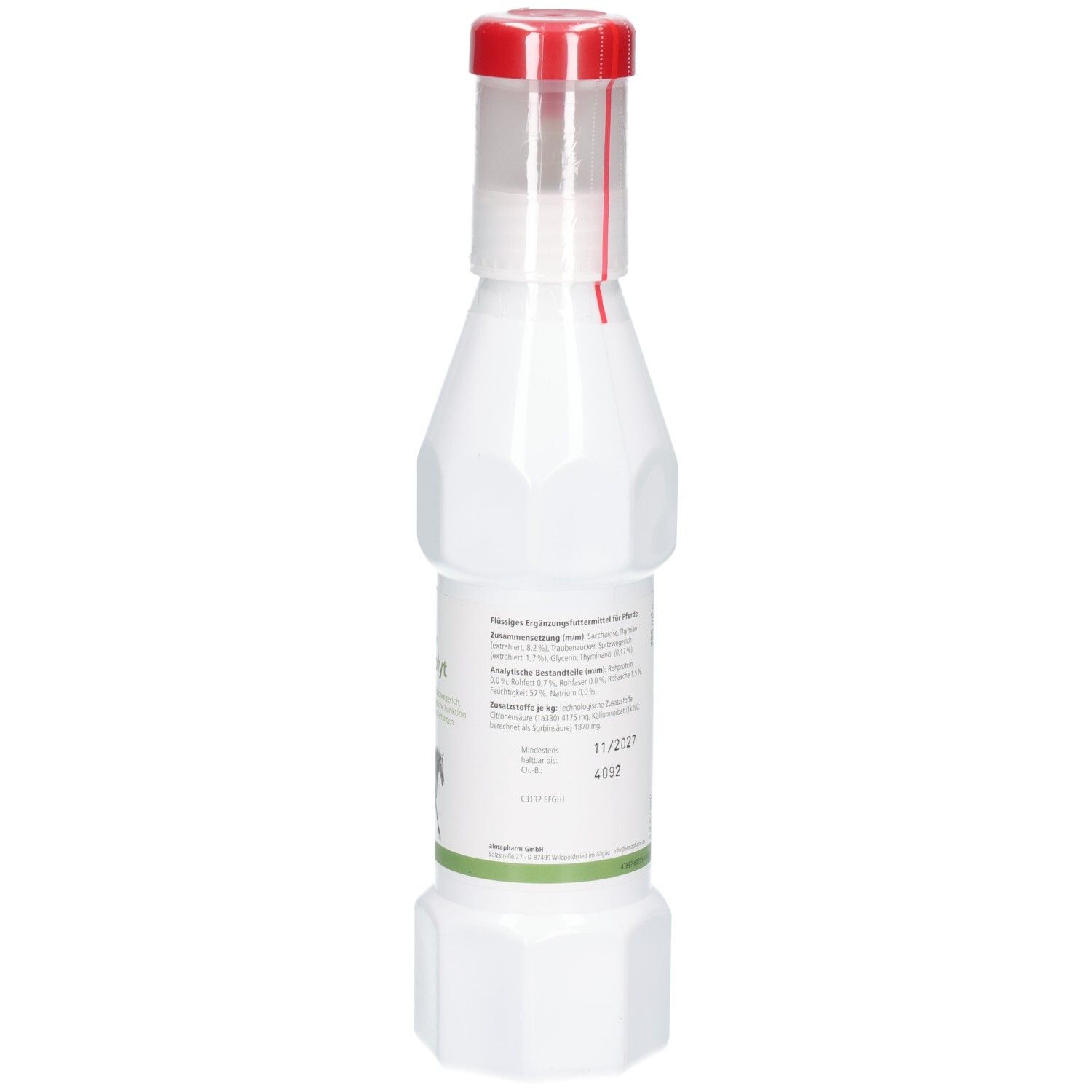 Flasche mit weißem Inhalt und rotem Verschluss.