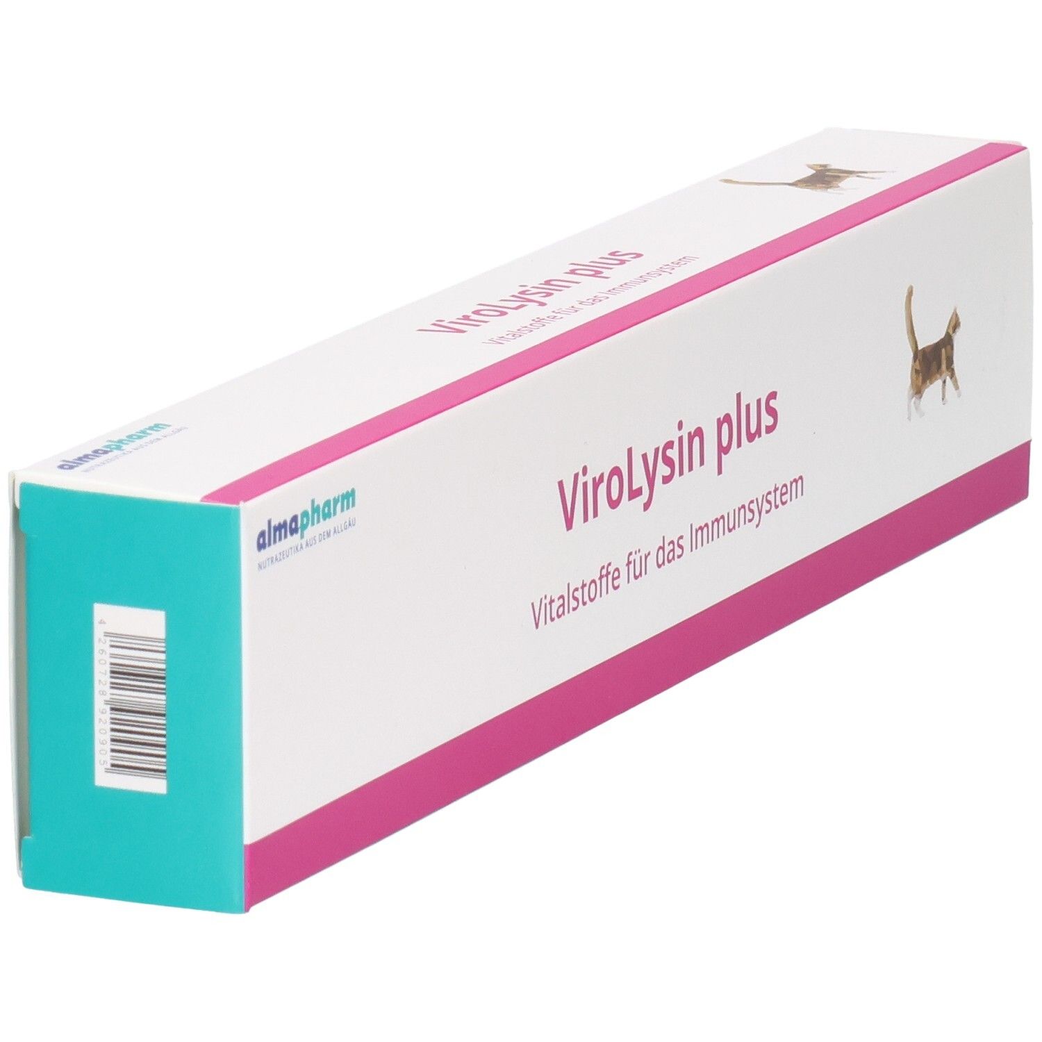 Almapharm ViroLysin plus Paste Karton, schräg von vorne mit Fokus auf Seitenansicht.