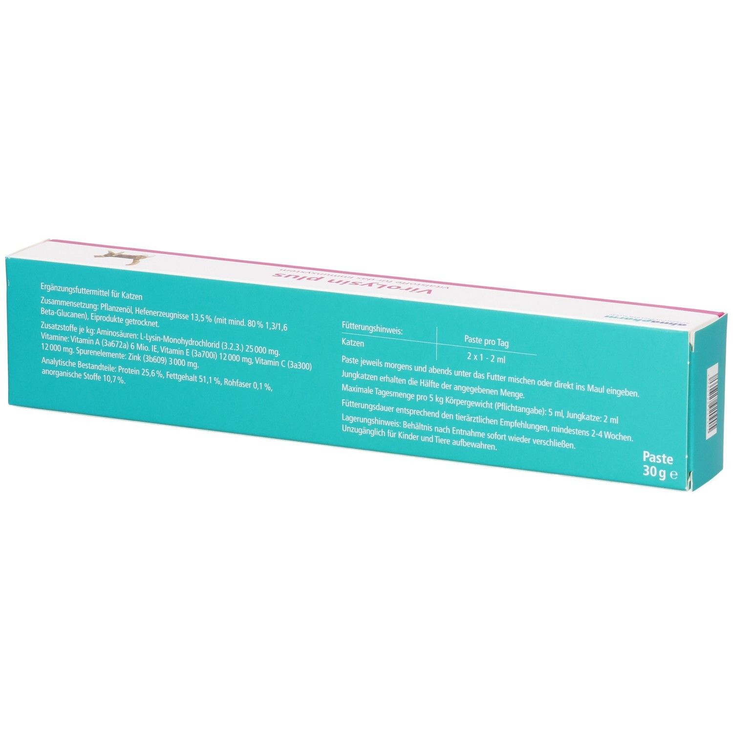 Almapharm ViroLysin plus Paste Karton, Seitenansicht mit detaillierten Inhaltsstoffen und Anwendungshinweisen.