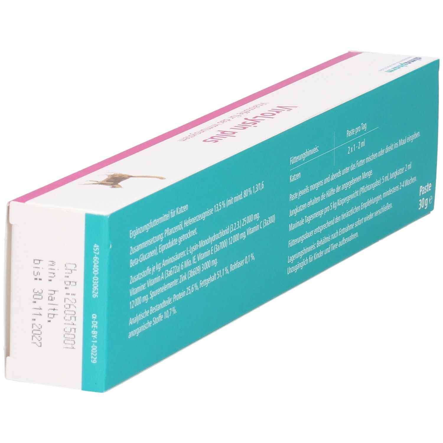 Almapharm ViroLysin plus Paste Karton, Seitenansicht mit Chargennummer und Haltbarkeitsdatum.