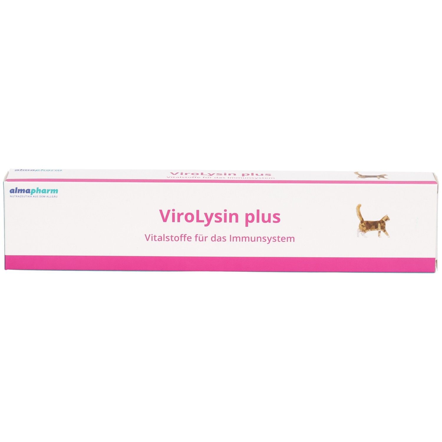 Almapharm ViroLysin plus Paste Karton, Vorderansicht mit Katzenmotiv und Produktnamen.