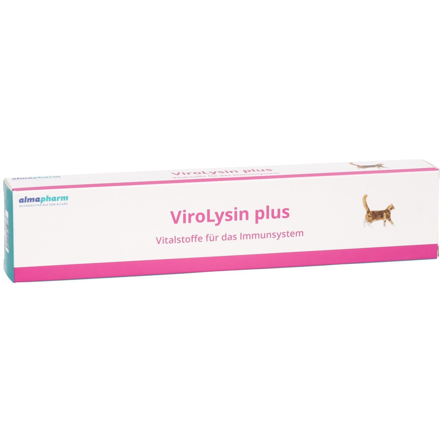 Almapharm ViroLysin plus Paste Karton, schräg von vorne mit Fokus auf Produktnamen und Katzenmotiv.