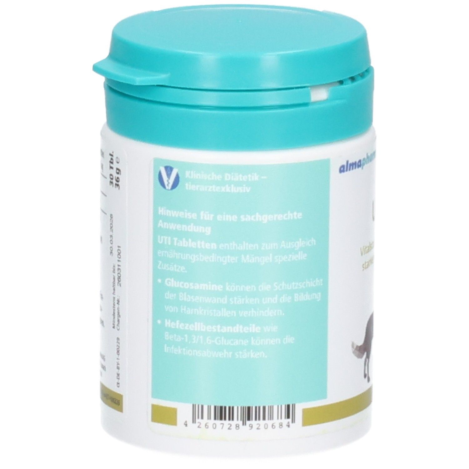 Rückseite Almapharm UTI: Hinweise zur Anwendung und Zusammensetzung. Enthält Glucosamin und Kräutermischung.
