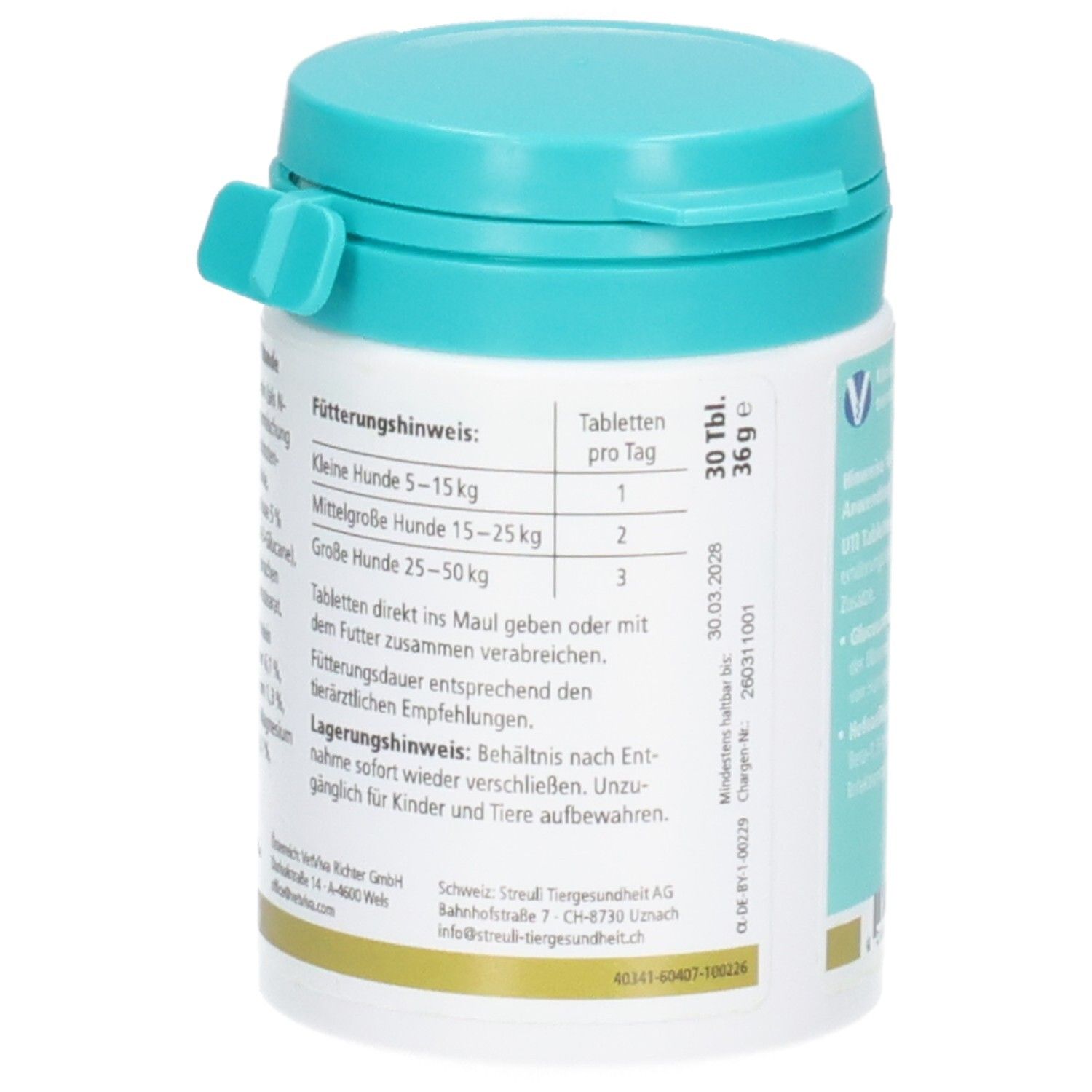 Almapharm UTI: Fütterungshinweise nach Hundegröße und Lagerungshinweis. 30 Tabletten, 36g.