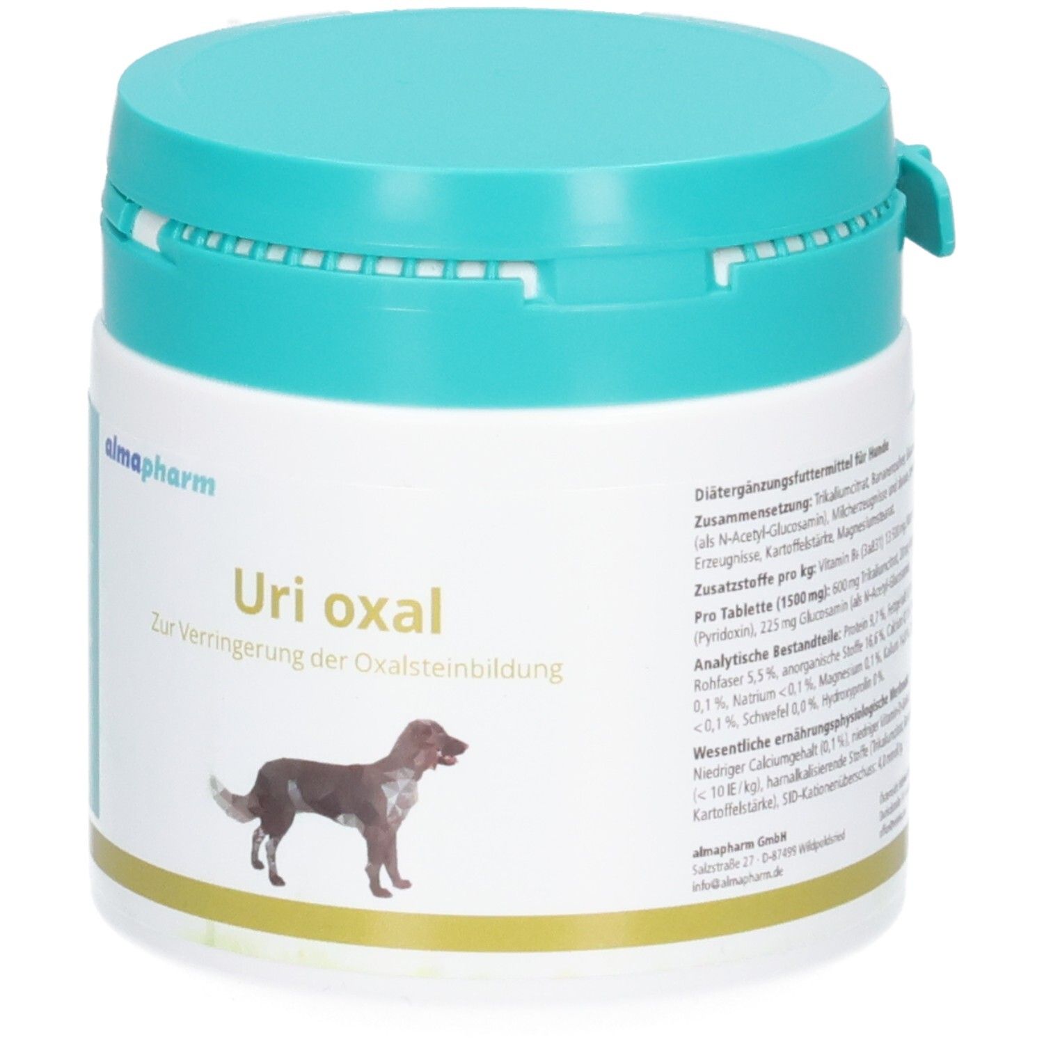 Almapharm Uri oxal Behälter mit Hundebild und detaillierten Produktinformationen.