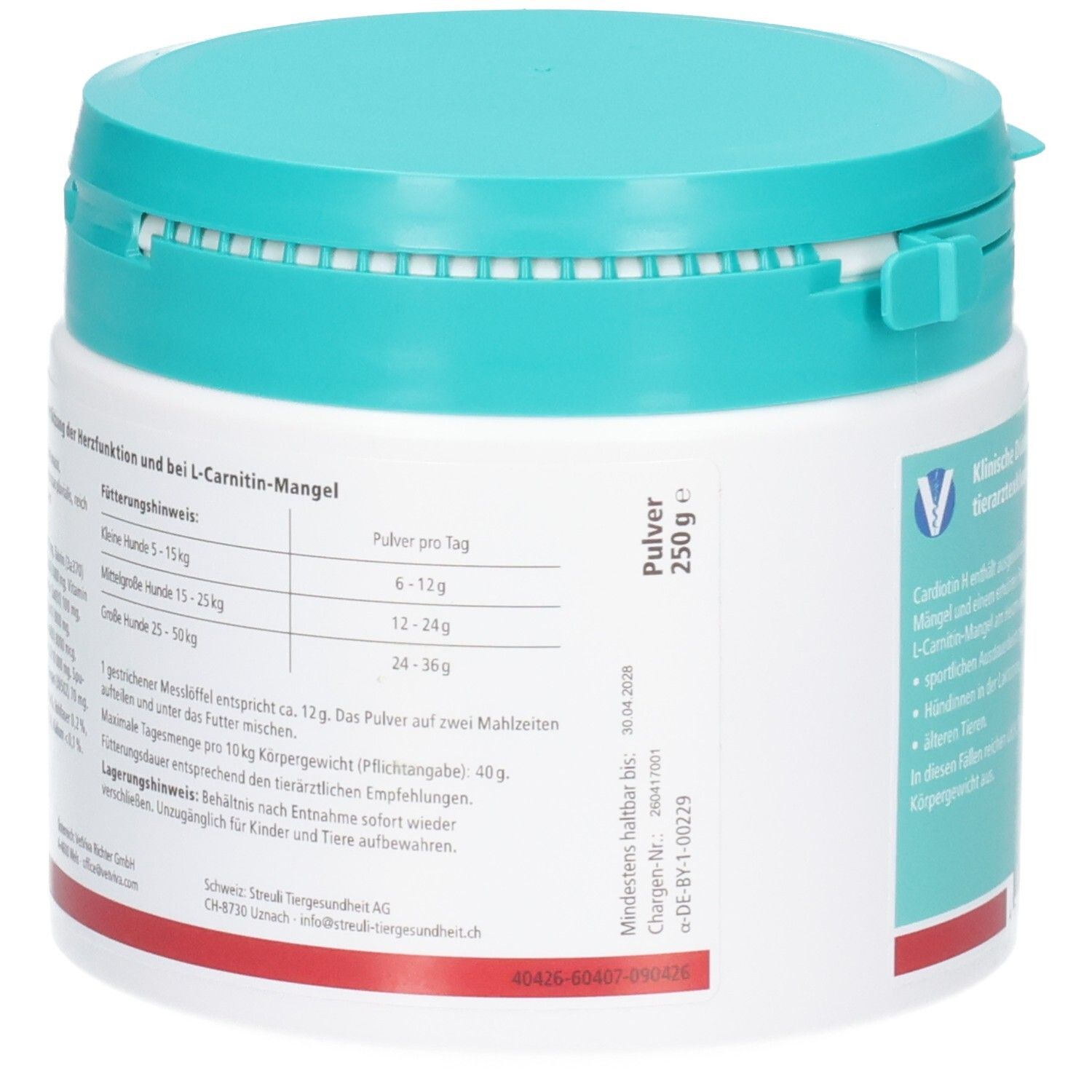 Seitenansicht Almapharm Cardiotin H Dose, 250g. Fütterungsempfehlung und Inhaltsstoffe.