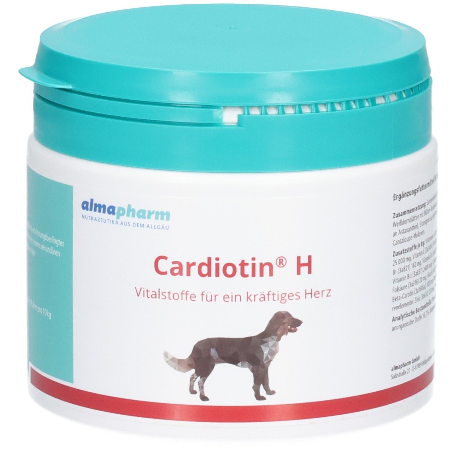 Almapharm Cardiotin H Dose mit Hundemotiv. Vitalstoffe für ein kräftiges Herz.