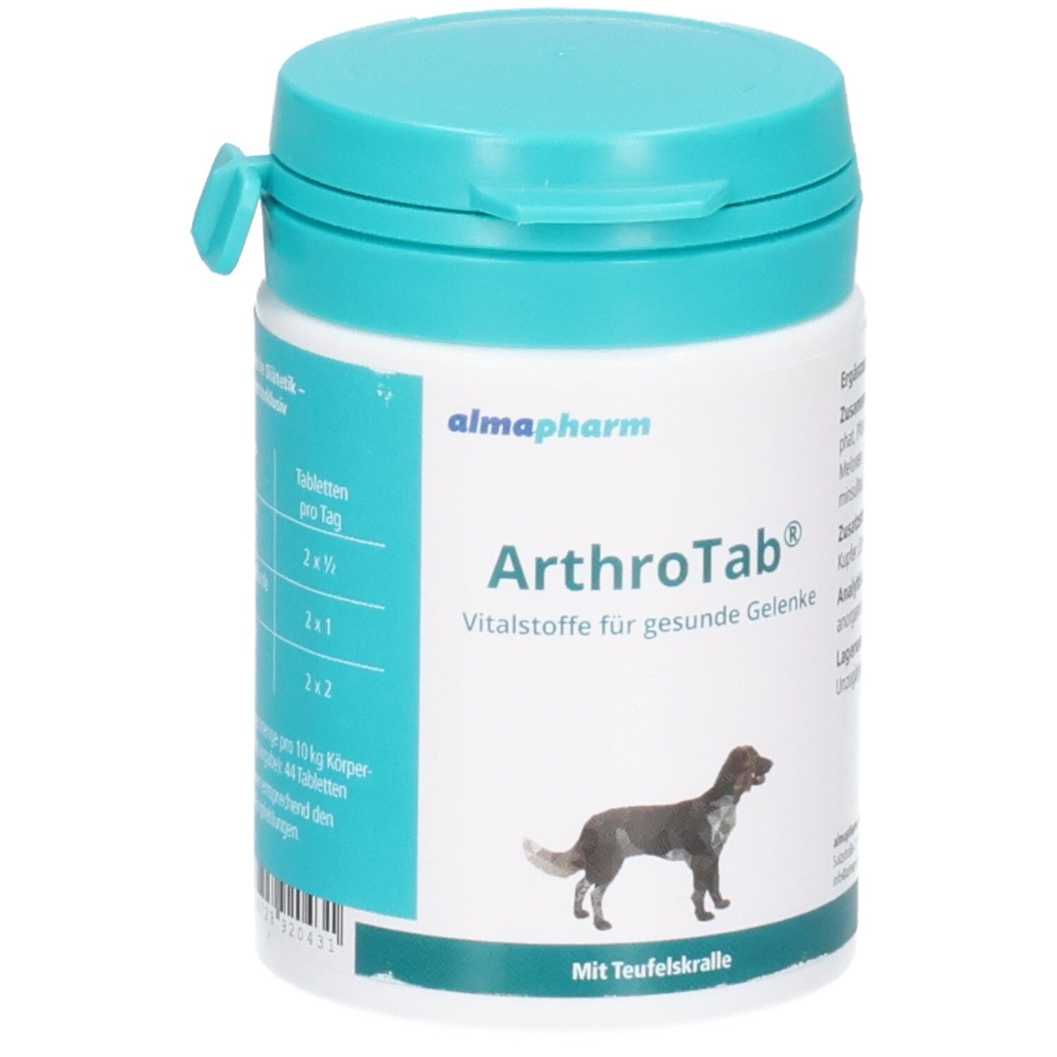 Almapharm ArthroTab Dose mit blauem Deckel. Enthält Vitalstoffe für gesunde Gelenke. Abgebildet ist ein Hund.