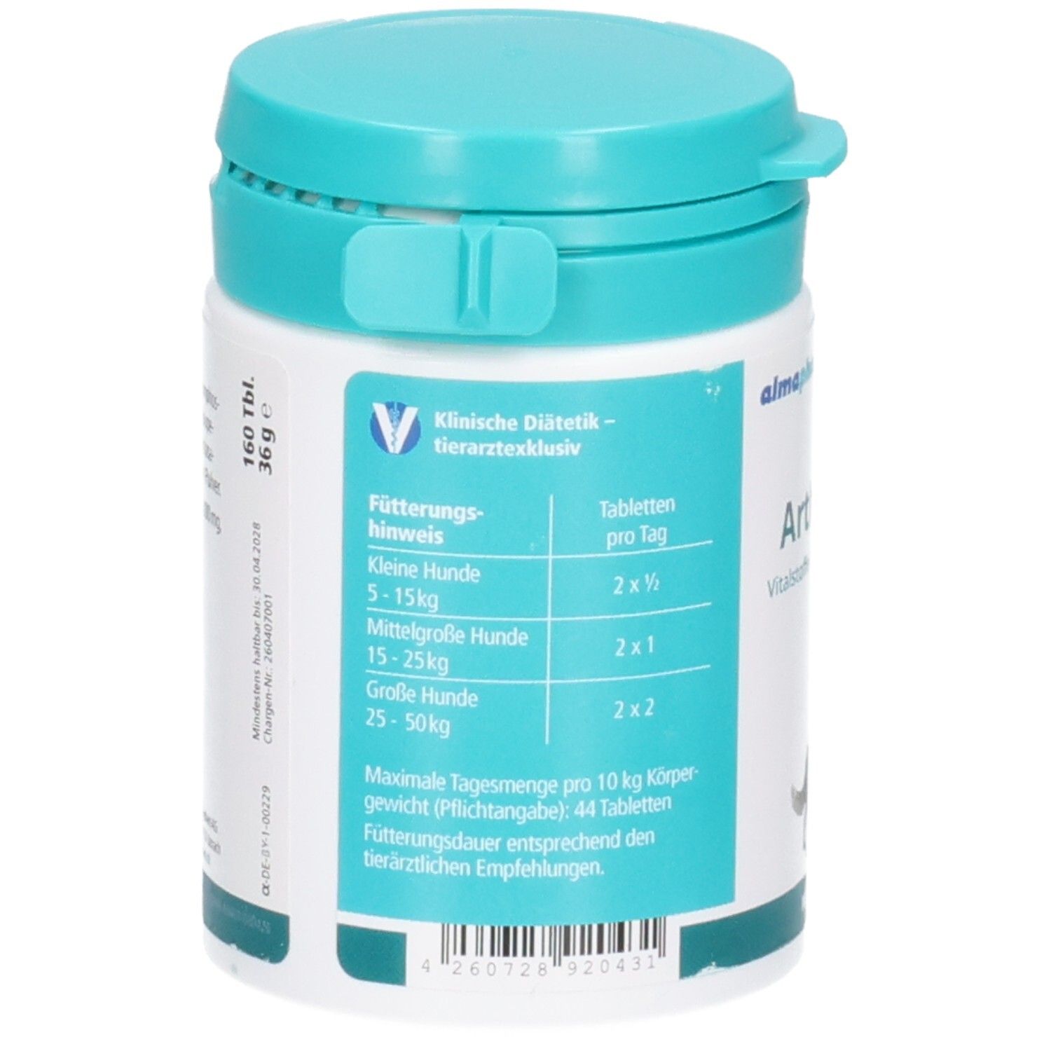 Rückseite der Almapharm ArthroTab Dose mit Fütterungshinweisen für Hunde verschiedener Gewichtsklassen.