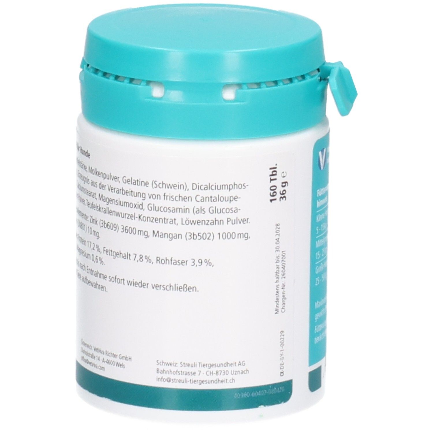 Seitenansicht der Almapharm ArthroTab Dose mit detaillierter Zutatenliste und analytischen Bestandteilen.