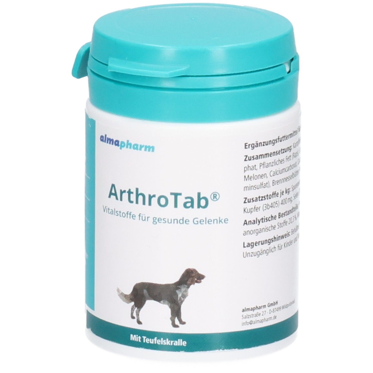 Vorderseite der Almapharm ArthroTab Dose. Enthält Vitalstoffe für gesunde Gelenke. Abgebildet ist ein Hund.