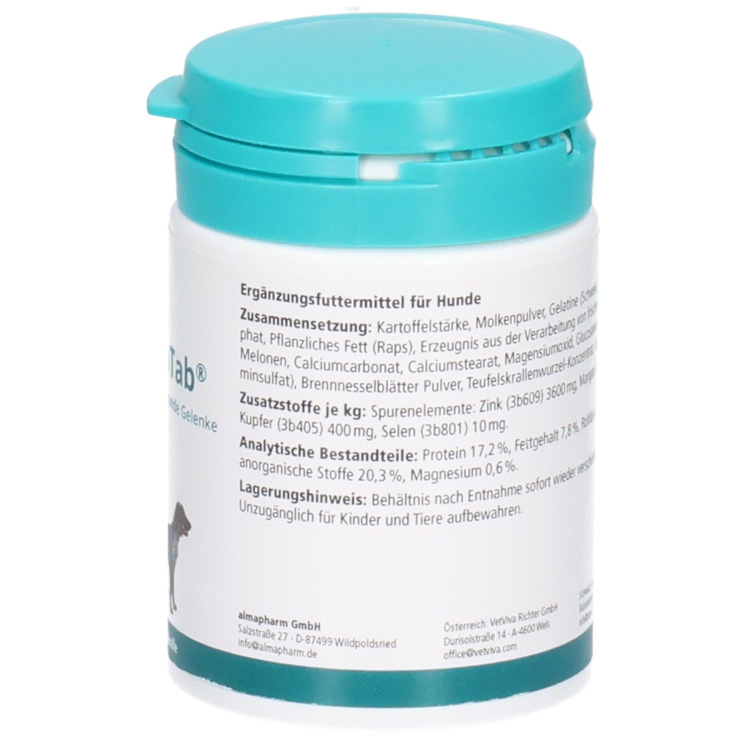 Seitenansicht der Almapharm ArthroTab Dose mit Zusammensetzung und analytischen Bestandteilen für Hunde.