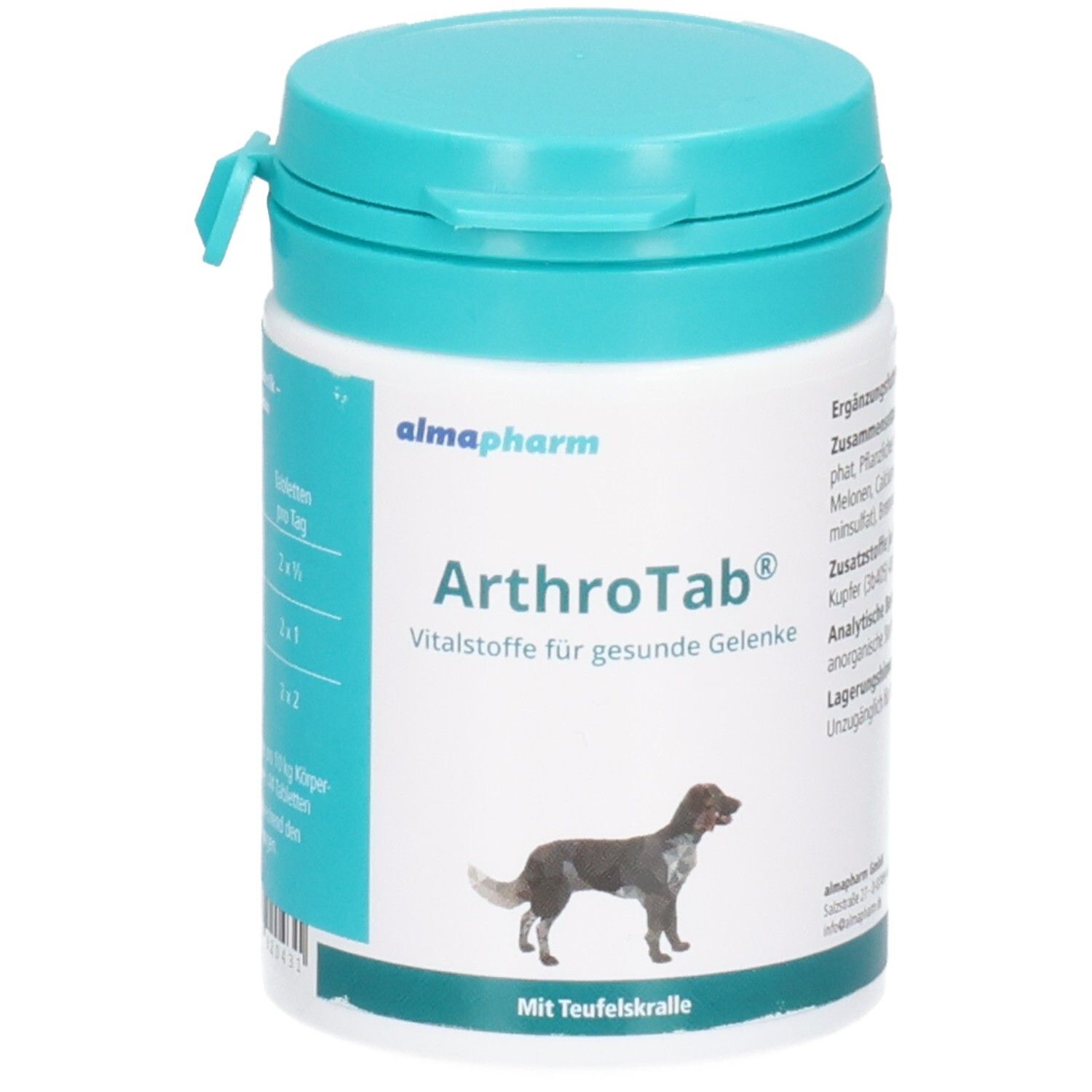 Almapharm ArthroTab Dose mit blauem Deckel. Enthält Vitalstoffe für gesunde Gelenke. Abgebildet ist ein Hund.