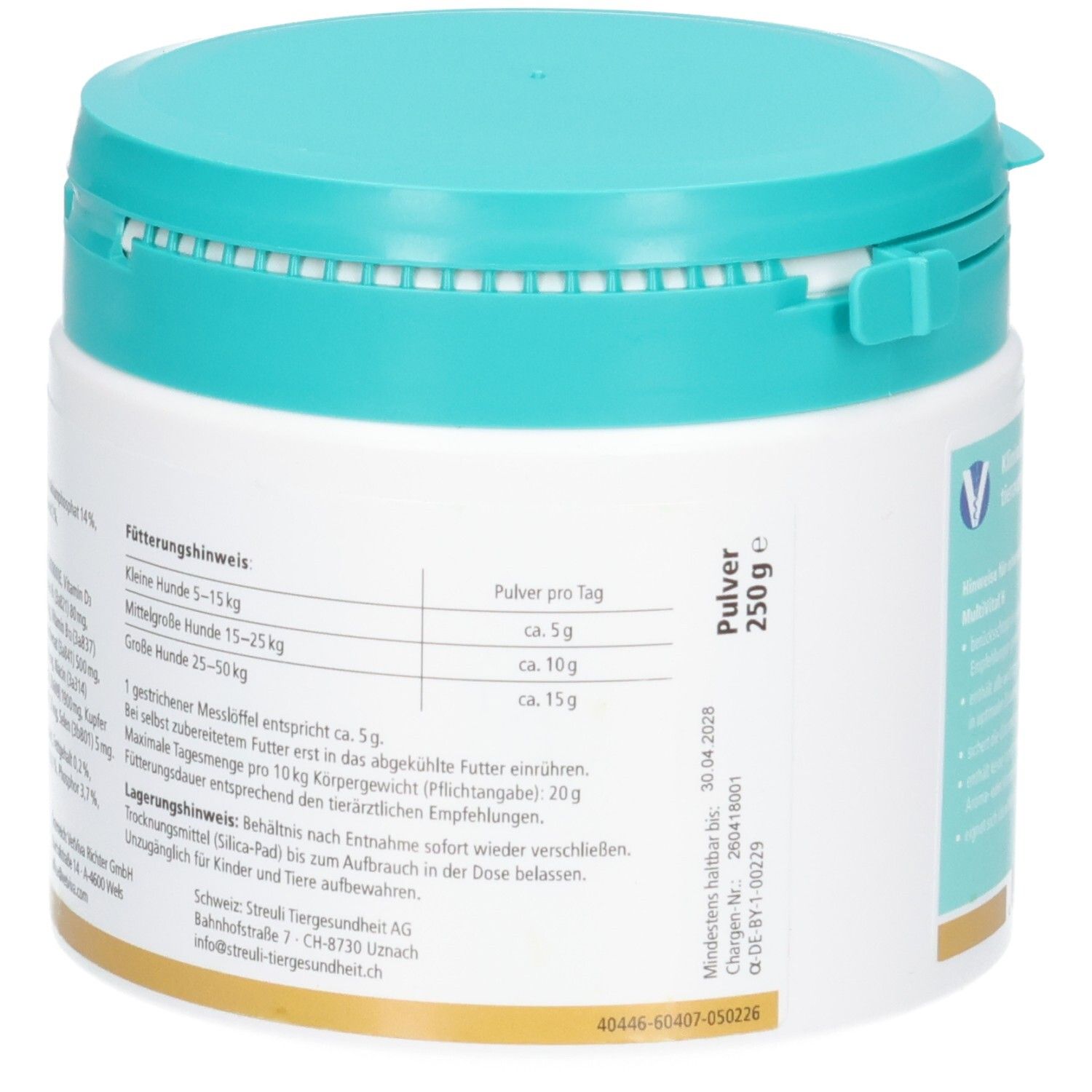 Seitenansicht der almapharm MultiVital H Dose. Enthält Fütterungshinweise und analytische Bestandteile. Pulver 250g.