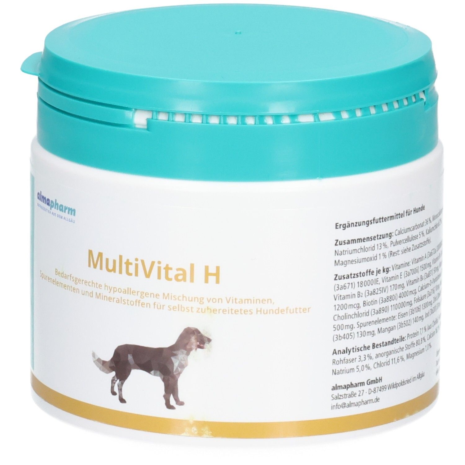Vorderansicht der almapharm MultiVital H Dose. Enthält eine hypoallergene Mischung aus Vitaminen, Spurenelementen und Mineralstoffen für Hunde.