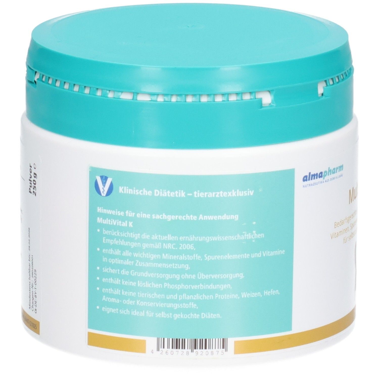 Rückseite almapharm MultiVital K: Klinische Diätetik, Hinweise zur Anwendung, Zusammensetzung und analytische Bestandteile.