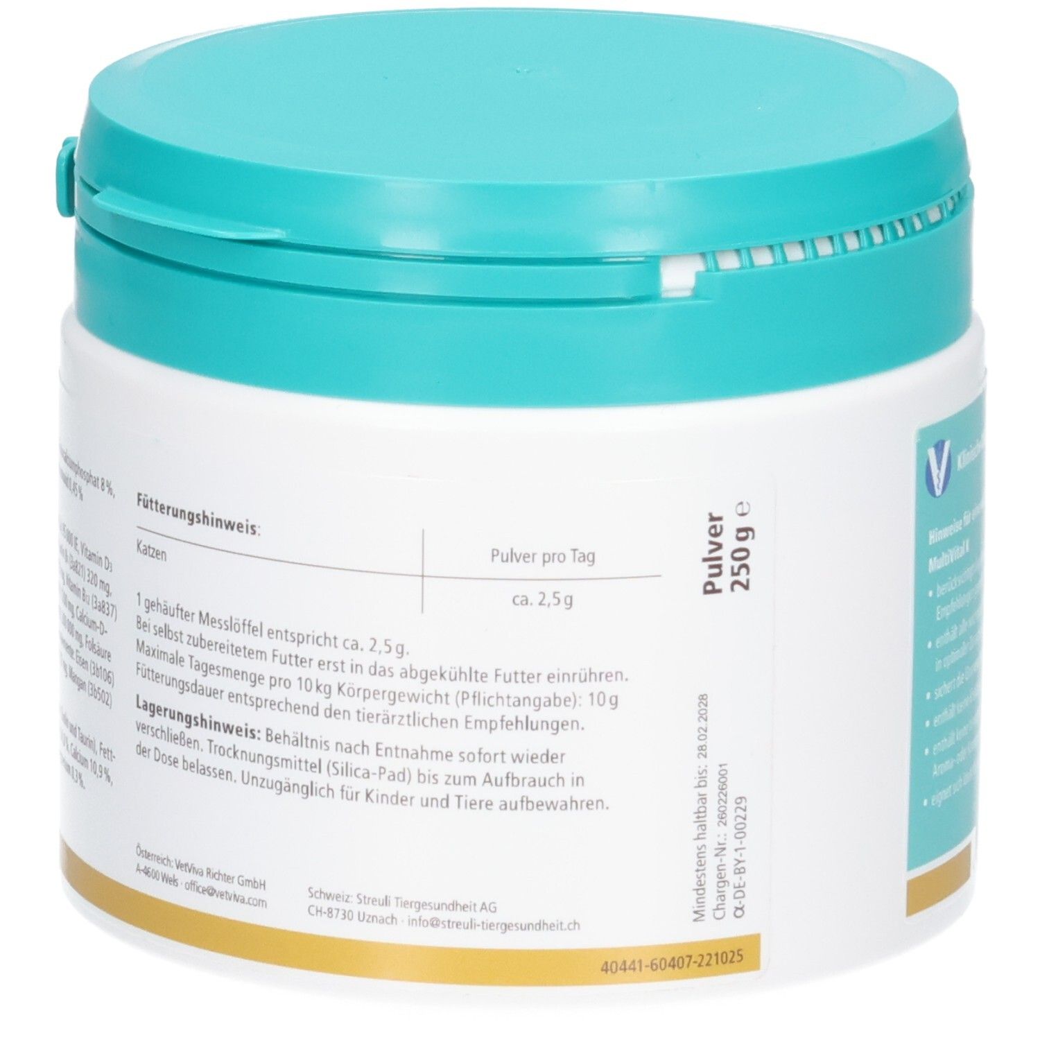 Seite almapharm MultiVital K: Fütterungshinweis, Lagerungshinweis, Pulver 250g, Mindesthaltbar bis.