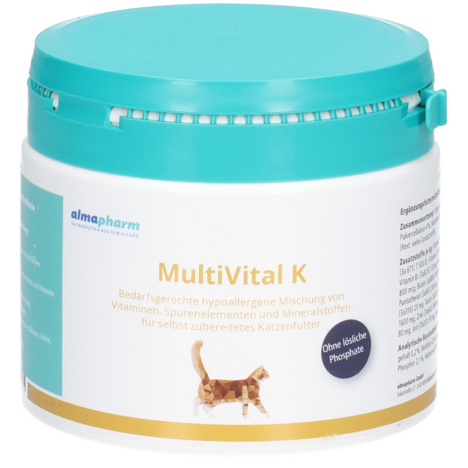 almapharm MultiVital K: Ergänzungsfuttermittel für Katzen, Zusammensetzung, Zusatzstoffe je kg, analytische Bestandteile.