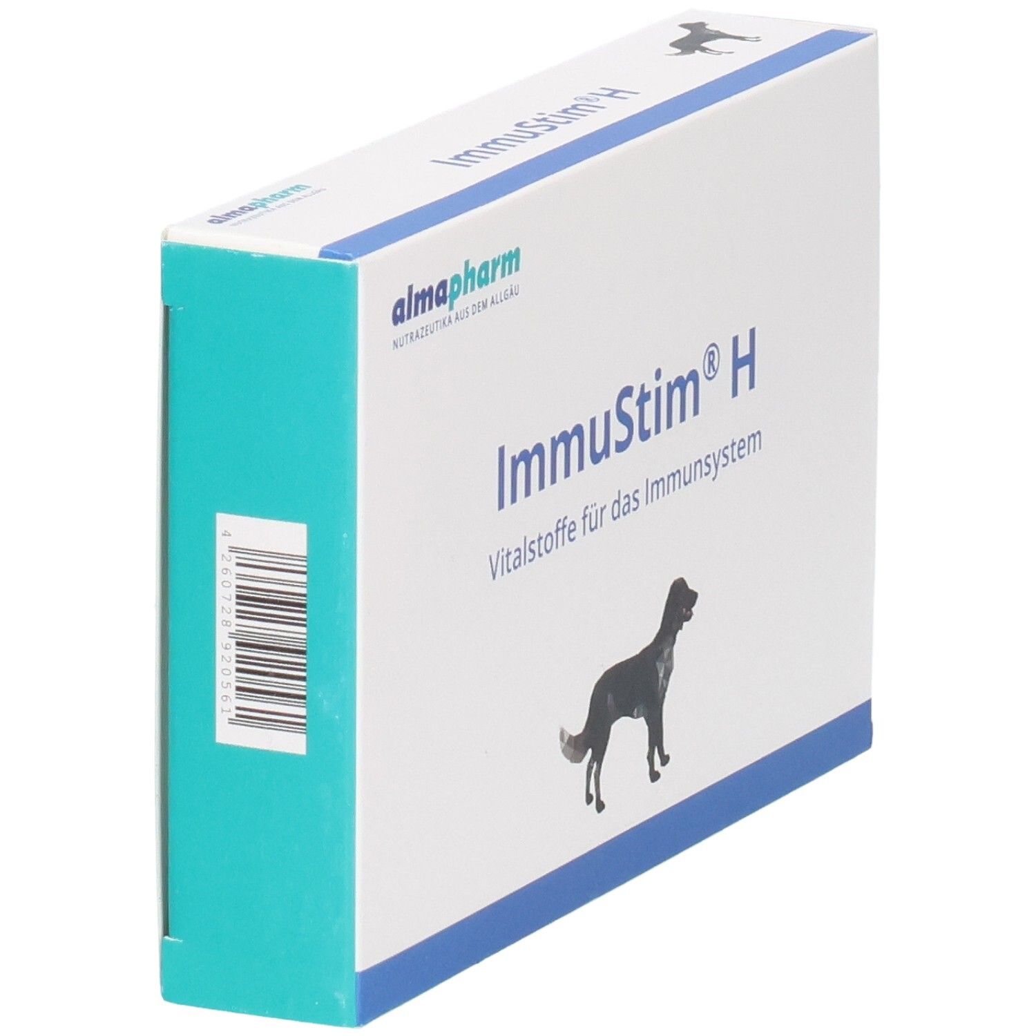 Packung ImmuStim H für Hunde, Vitalstoffe für das Immunsystem, Seitenansicht.