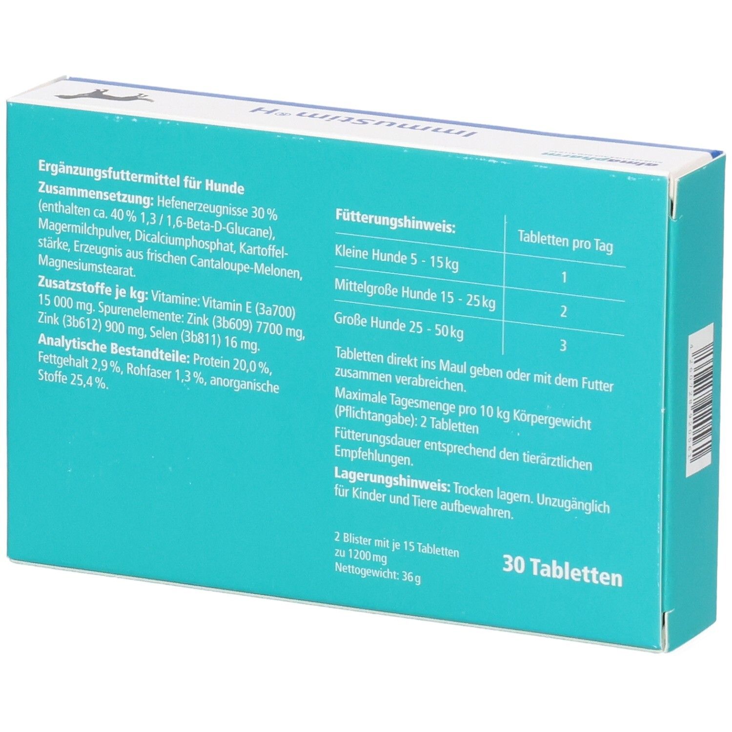Rückseite der Packung ImmuStim H für Hunde mit Fütterungshinweisen und Inhaltsstoffen.