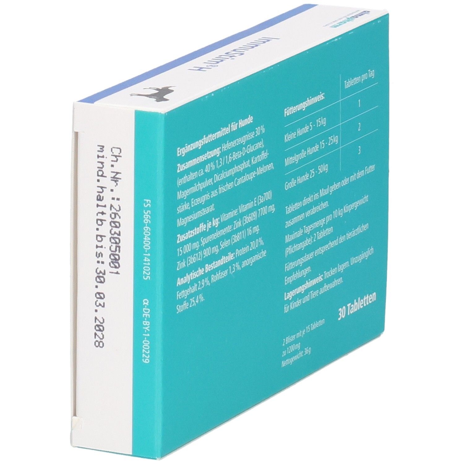 Seitenansicht der Packung ImmuStim H für Hunde mit Chargennummer und Haltbarkeitsdatum.
