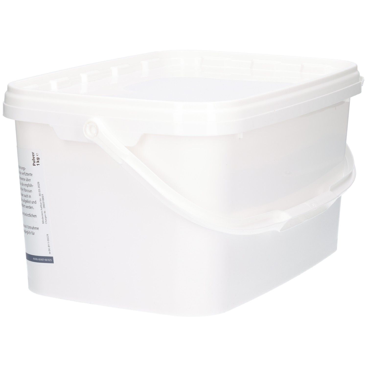 Almapharm EnteroVet Fibrosan Pulver, Rückseite des weißen Eimers mit Henkel.