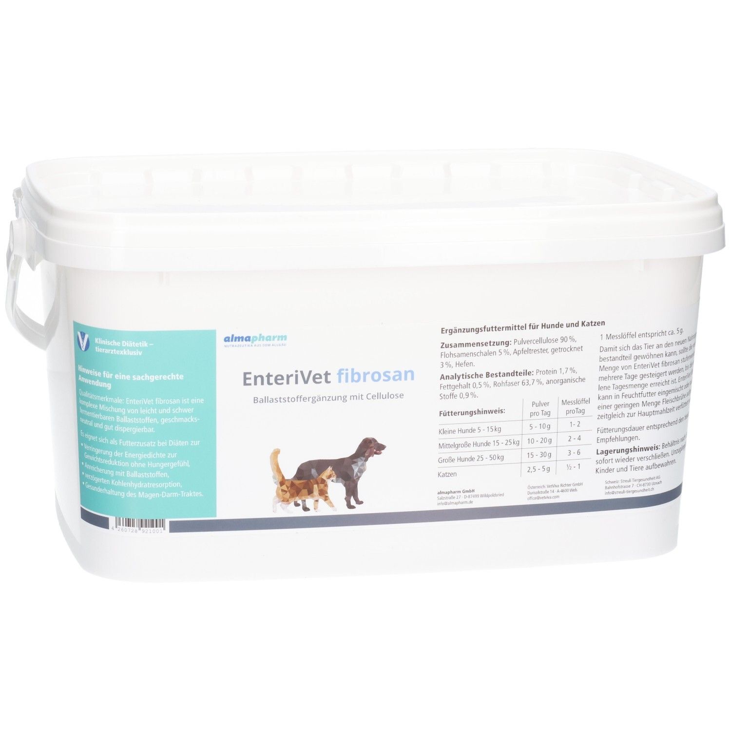 Almapharm MultiVital BARF Ergänzungsfuttermittel für Hunde, weiße Dose mit türkisfarbenem Deckel.