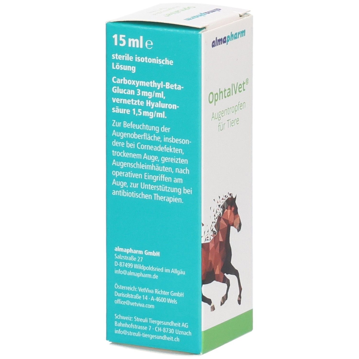 Almapharm OphtalVet Augentropfen für Tiere Verpackung, 15 ml, mit detaillierter Produktinformation.